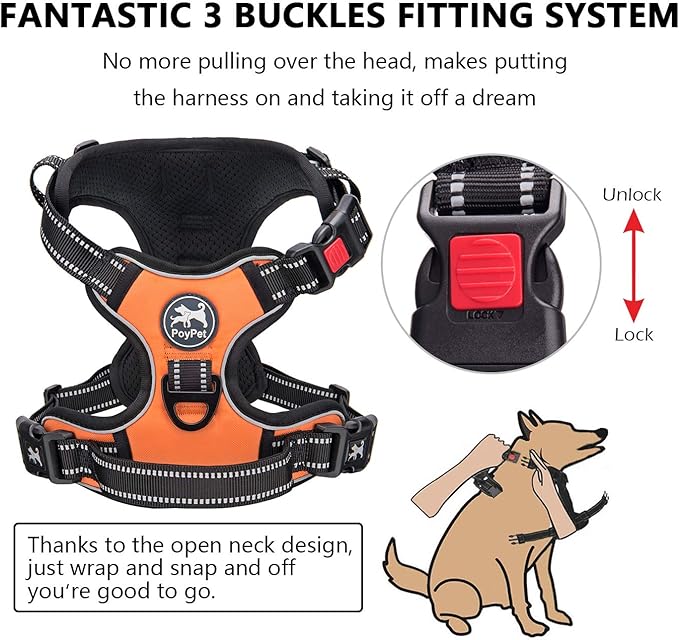 PoyPet No Pull Dog Harness, No Choke Front Clip Dog Reflective Harness, Adjustable Soft Padded Pet Vest with Easy Control Handle for Small to Large Dogs(Orange,L)
