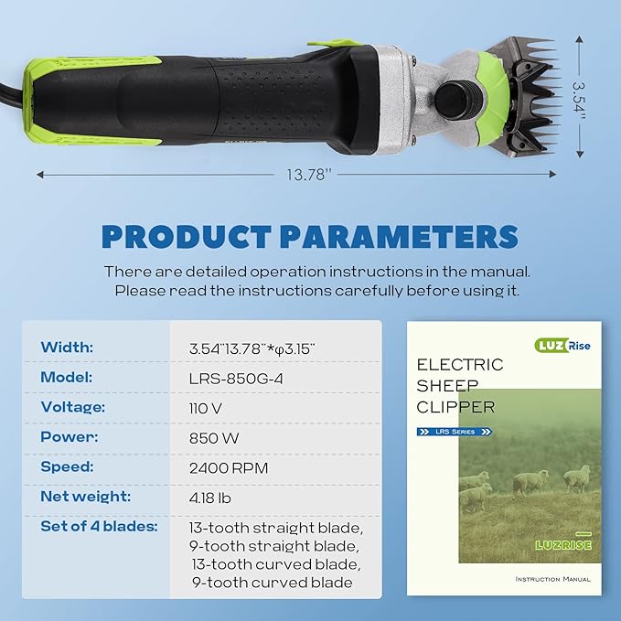 Sheep Shears Professional 850W 2400RPM Heavy Duty with 4 Blades (13-Teeth Straight/13-Teeth Curved/9-Teeth Straight/9-Teeth Curved) 6 Speed Adjustable for Thick Coat Animal (Size: 13.8*3.6")
