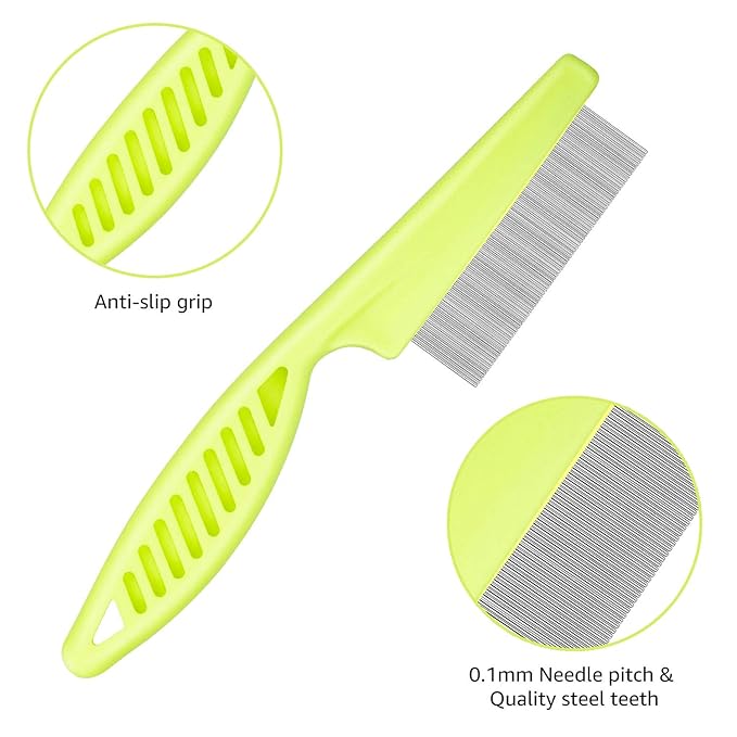 Flea Comb for Cats Dog Comb Lice Comb Metal Teeth Durable Tear Stain Dog Combs Remove Float Hair Combing Tangled Hair Dandruff Pet Comb Grooming Set 3 Pieces Add Storage Pouch (Green)