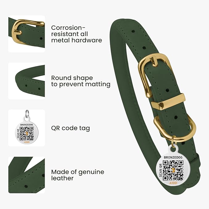 BRONZEDOG Rolled Leather Dog Collar with QR ID Tag Adjustable Soft Round Collars for Small Medium Large Dogs Puppy Cat (9" - 11" Neck Size, Emerald Green)