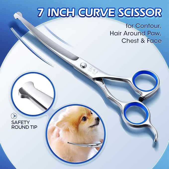 Gimars Professional 5 in 1 Grooming Scissors for Dogs 4CR with Safety Round Tip, Heavy Duty Titanium Coated Straight & Thinning & Curved Shears