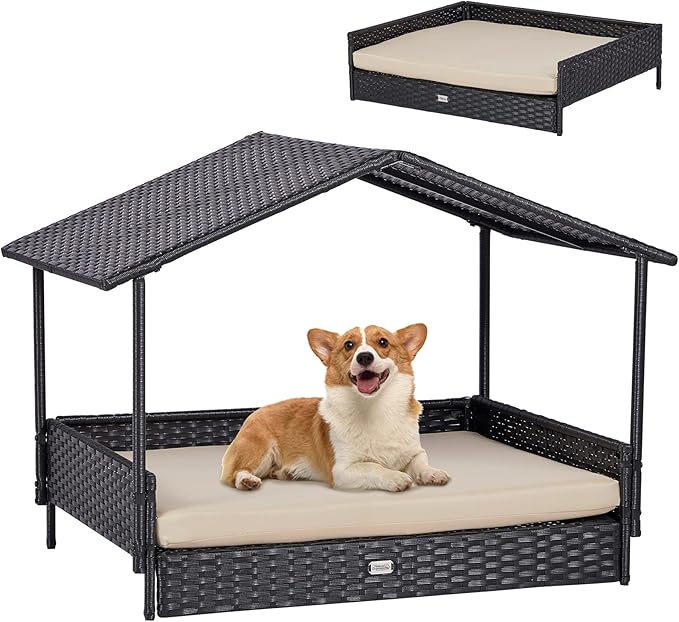 NATURAL EXPRESSIONS 2-in-1 Wicker Dog House,Elevated Dog Bed for Indoor/Outdoor with Removable Canopy,Large Dog House with Raised Pet Cot Cool, Breathable, Shade, waterrproof with Non-Slip Feet
