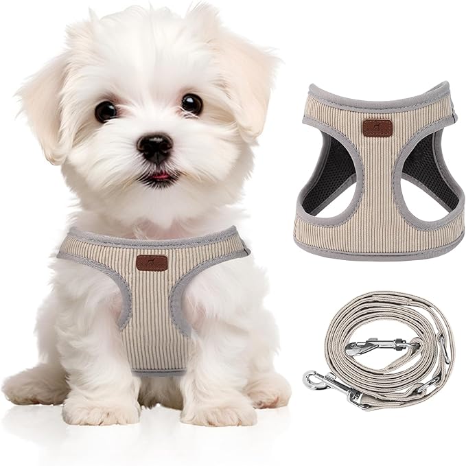 Dog Harness with Multifunction Dog Leash,No Pull Reflective Step-in Harness for Soft Adjustable No Choke Escape Proof,Easy Walk Dog Harness for Puppy,Small Dogs (Beige &Grey, XS)