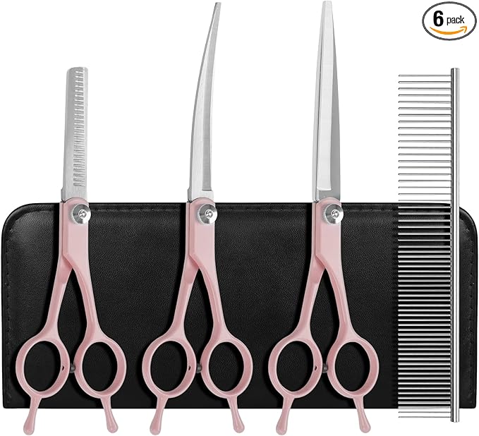 Professional Dog Grooming Scissors Set, 5 in 1 Dog Grooming Scissors Kit, Curved Dog Scissors Pet Thinning Shears, Pet Grooming Supplies, Pink