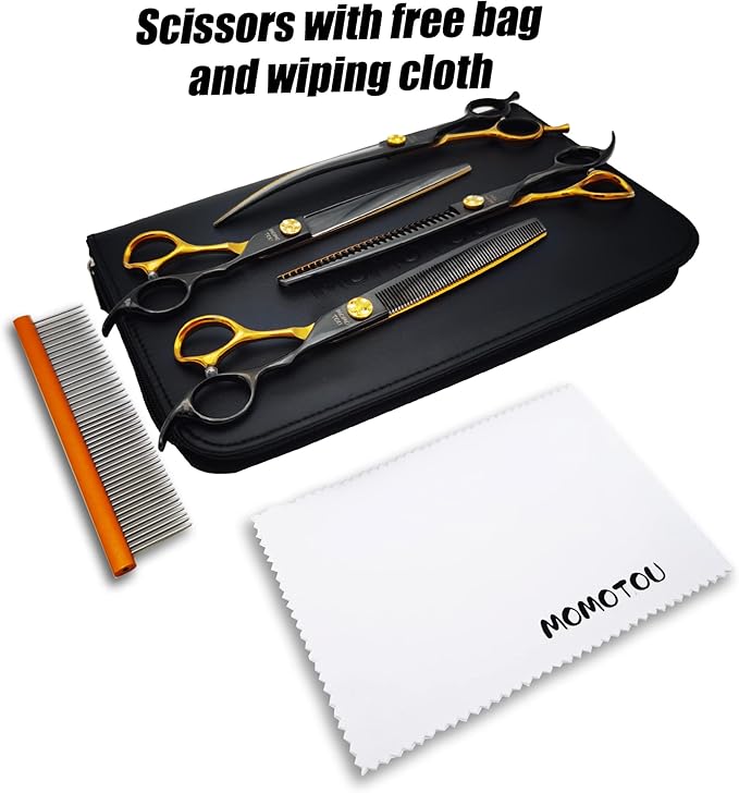 7'' Black & Gold Dog Grooming Scissors Set with Comb Curved Thinning Chunker Straight Shears 4PCS in Scissors Bag 440C Stainless Steel Sharp and Durable for Groomers and Beginners.
