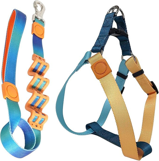 Tri-Color Dog Harness and Purple Pink Gradient Shock Absorbing Dog Leash Set,Step-in Freedom Dog Vest Harness,Strong Padded Handle to Help Stop Pulling for Midium Dog Walking and Traning