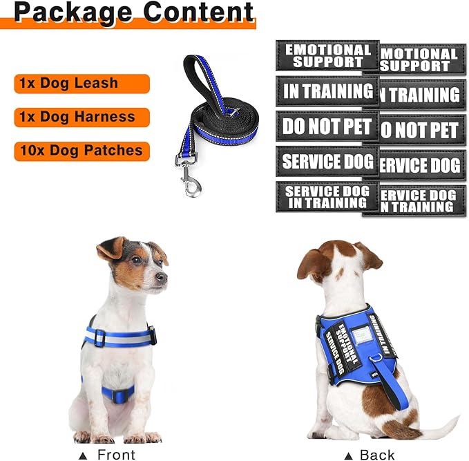 Service Dog Harness and Leash Set, Training Dog Vest with 10 Dog Patches, Emotional Support Therapy Dog Vest Harness for Small Medium Large and Extra Large Dogs(Blue, L)