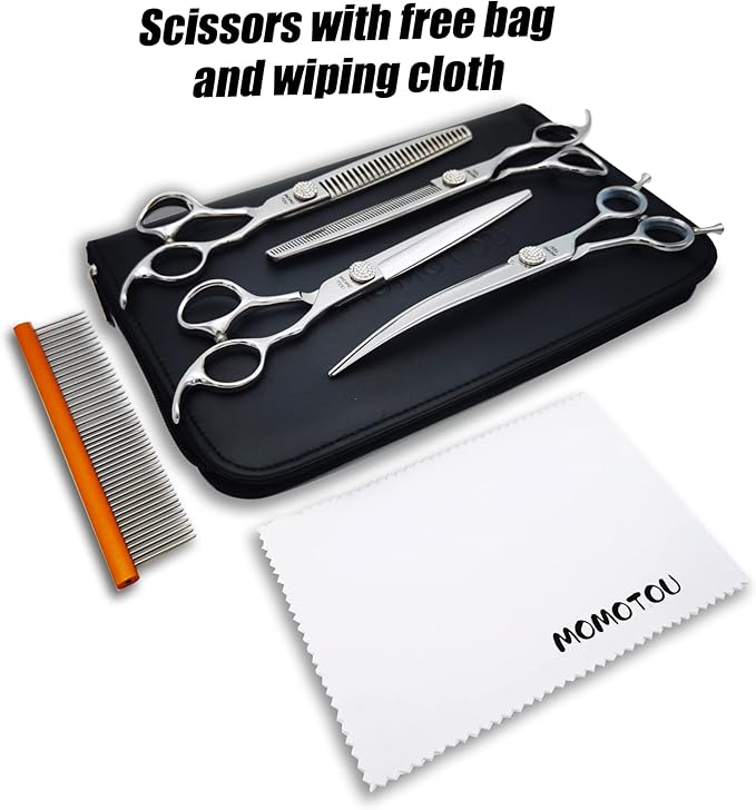 Polished Dog Grooming Scissors Set with Simulation Diamond 440C Stainless Steel Thinner Curved Straight Chunker Shears with Comb 7.5''