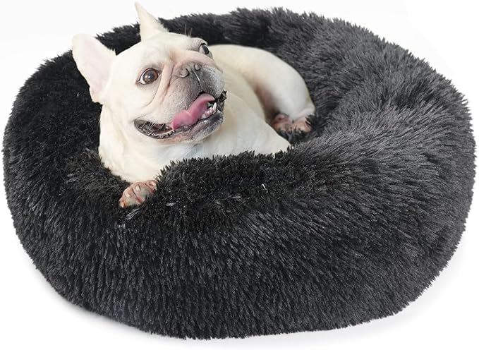 Black Dog Bed for Small Dogs Washble Calming Dog Bed for Small Dogs 23 Inch Fluffy Plush Black Dog Bed Round Donut Machine Washable Small Pet Bed.