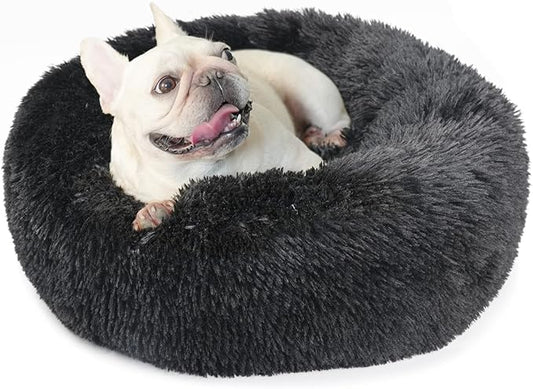 Black Dog Bed for Small Dogs Washble Calming Dog Bed for Small Dogs 23 Inch Fluffy Plush Black Dog Bed Round Donut Machine Washable Small Pet Bed.