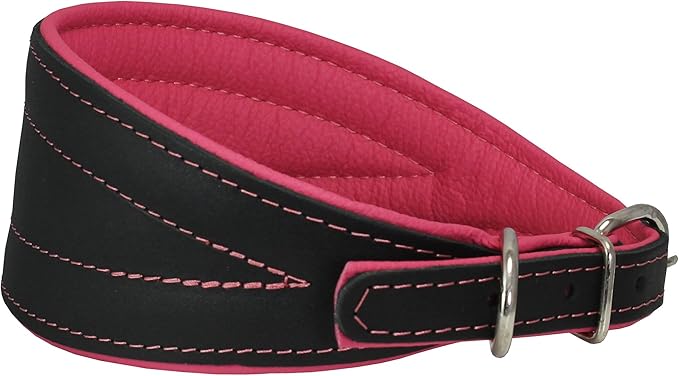 Real Leather Extra Wide Padded Tapered Dog Collar Glossy Black Greyhound Saluki Deerhound Lurcher Whippet Dachshund (16.75"-20" Neck; 3" Wide, Pink)
