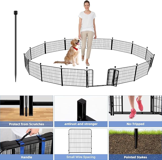 ADAVIN 32 in(H) Garden Fences and Borders,1 Gate+11 Panels Dog Fence Outdoor for Yard, Temporary Fence, Flower Garden Fencing, Heavy Duty Iron Metal Animal Barrier Fence,Total 26.6 Ft(L),Black