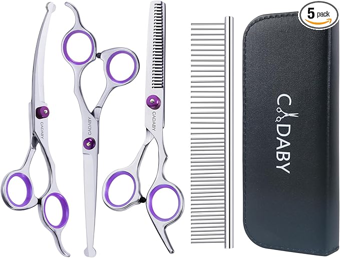 Professional Dog Grooming Scissors with Safety Round Tips, 5 in 1 Dog Grooming Scissors Kit, 4CR Stainless Steel Pet Grooming Shears for Dog, Cat,Sharp and Sturdy, Purple