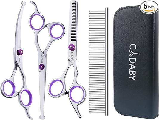 Professional Dog Grooming Scissors with Safety Round Tips, 5 in 1 Dog Grooming Scissors Kit, 4CR Stainless Steel Pet Grooming Shears for Dog, Cat,Sharp and Sturdy, Purple