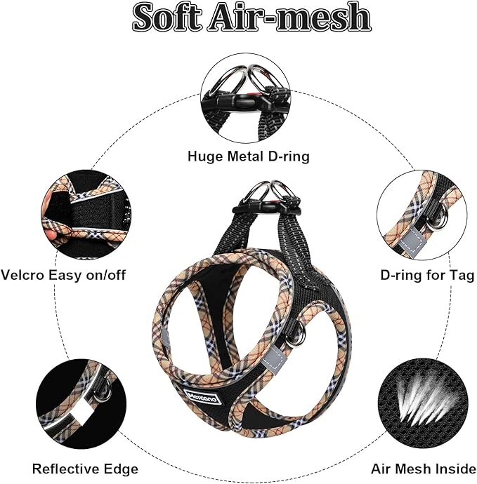 Mercano Soft Mesh Dog Harness and Leash Set, No-Chock Step-in Reflective Breathable Lightweight Easy Walk Escape Proof Vest Harnesses with Safety Buckle for Small Medium Dogs, Cats (Black Yellow, XXS)