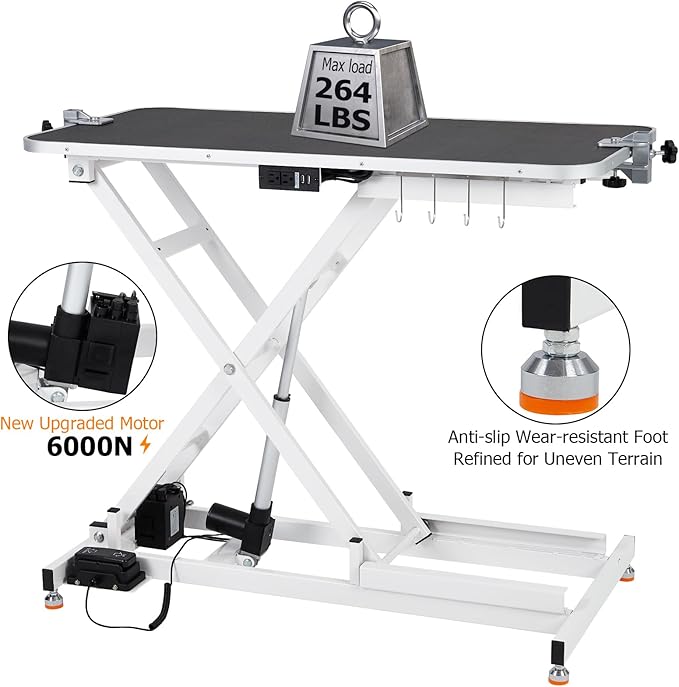 Upgraded Electric Dog Grooming Table - Heavy Duty, Height Adjustable (9.4"-39.4") Pet Grooming Table w/Leveling Wheels, X Lift, Anti Slip Tabletop & Tool Organizer/Dog Grooming Station, 47"/White