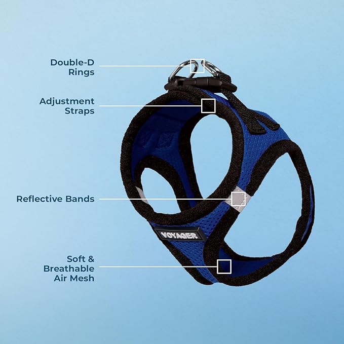 Voyager Step-in Air Dog Harness - All Weather Mesh, Reflective, No Pull Harness for Small, Medium Dogs, Cats - Secure with Hook & Loop Fastener, Buckle, Double D-Rings - Royal Blue/Black Trim, M