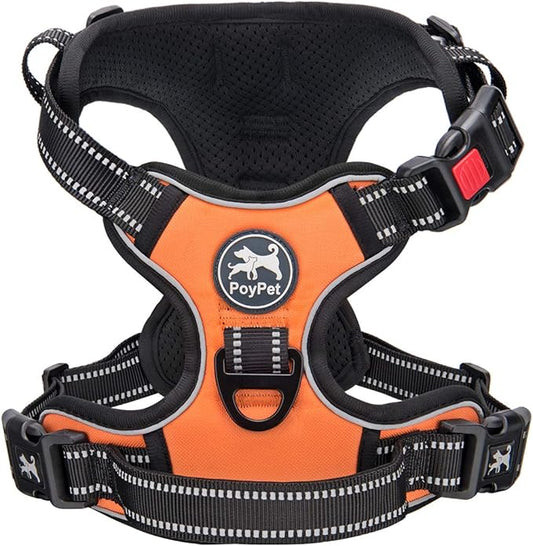PoyPet No Pull Dog Harness, No Choke Front Clip Dog Reflective Harness, Adjustable Soft Padded Pet Vest with Easy Control Handle for Small to Large Dogs(Orange,L)