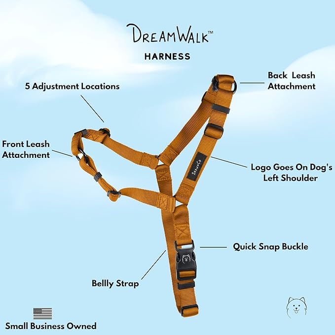 ShawnCo Dream Walk No-Pull Dog Harness- Adjustable, Comfortable, Easy to Use Pet Halter to Help Stop Pulling for Small, Medium and Large Dogs (Sunset Orange, M)