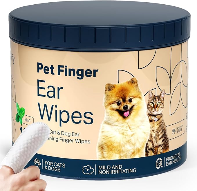 Pet Finger Ear Wipes for Dogs & Cats – 100 Count Finger Wipes – Gentle Ear Cleaner, Reduces Wax & Odor – Non-Irritating, Easy Finger Design for Pets