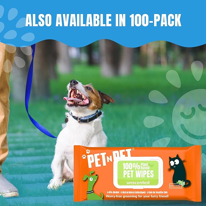 PET N PET 100% Plant Based Dog Wipes for Paws and Butt, 400 Counts Hypoallergenic Unscented Dog Pet Wipes, 8" x 8"