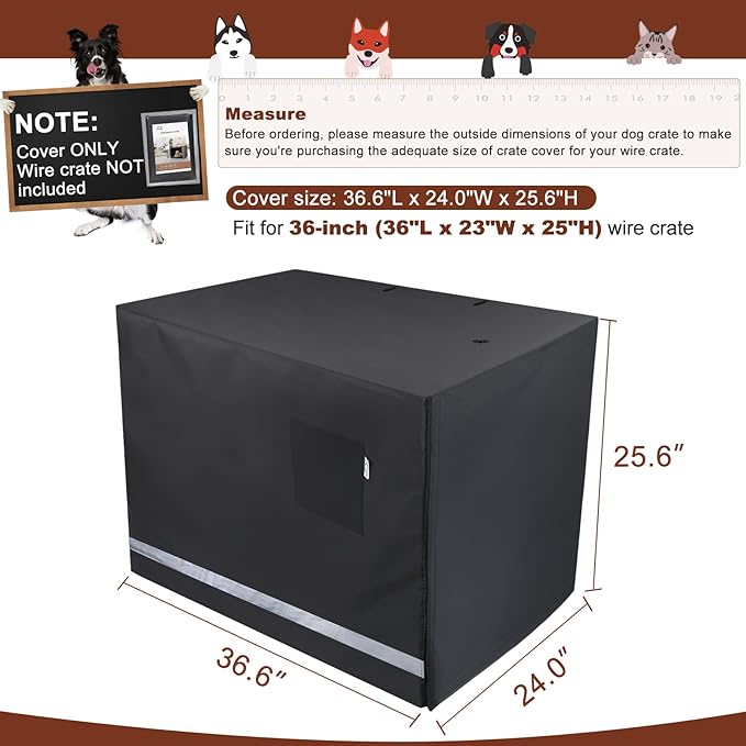 Yotache Dog Crate Cover for 36" Medium Double Door Cage (Cage not Include), Sturdy 600D Polyester Waterproof Pet Kennel Cover with Reflective Strip