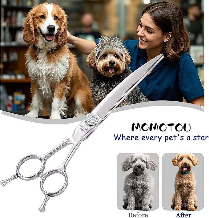Professional Curved Dog Grooming Scissors with Simulation Diamond 440C Stainless Steel Polished Pet Cat Hair Cutting Shears for Groomers and Home users 7.5''