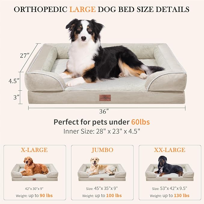 Waterproof Dog Beds for Large Breed Dogs, Large Dog Beds Orthopedic Foam, Comfy Pet Bed Sofa with Washable Removable Cover & Non-Slip Bottom(Large,Beige)