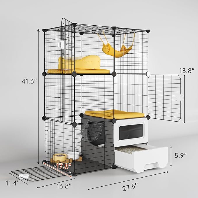 Oneluck Cat Cage Indoor with Litter Box 3-Tier DIY Cat Detachable Metal Wire Kennel Crate Large Exercise Place Ideal for 1-2 Kittens