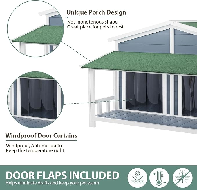 KELRIA 47.2" Dog House, Waterproof Dog Kennel, Wooden Outdoor and Indoor Dog House, Log Cabin Style with Porch,Elevated Floor, 2 Doors, Pine Wood + Green