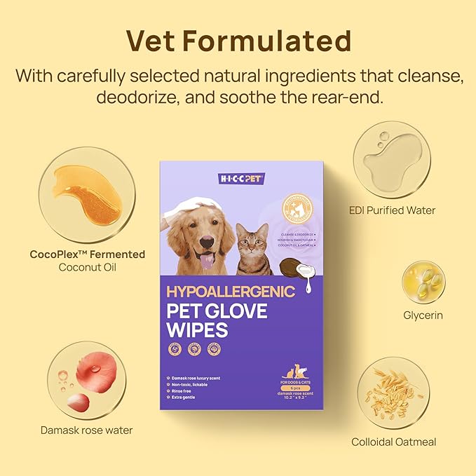 HICC PET Cleaning Glove Wipes for Dogs & Cats, Hypoallergenic Dog Wipes Cleaning Deodorizing, Remove Dirt, Nourish Sooth Fur and Eliminate Odors, Pet Grooming Bath Wipes for Daily Care (Rose)