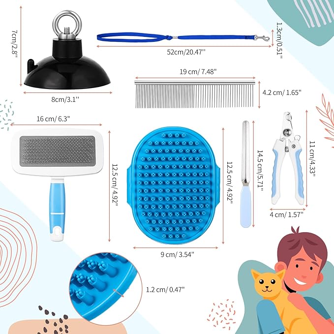 Baderke 6 Pcs Dog Grooming Set with Dog Bathing Leash with Suction Cup, Pin Comb, Straight Comb, Nail Clippers Set, and Bath Brush for Pet Bathing Shower Grooming
