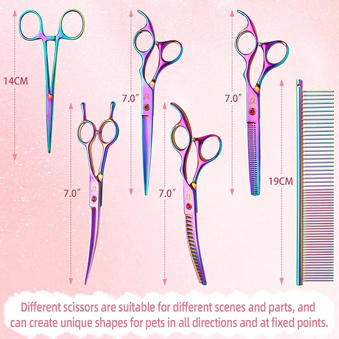Dog Grooming Scissors,Rainbow Curved Chunkers Shears with Safety Round Tips,Sharp and Durable 6 in 1 Dog Scissors for Grooming