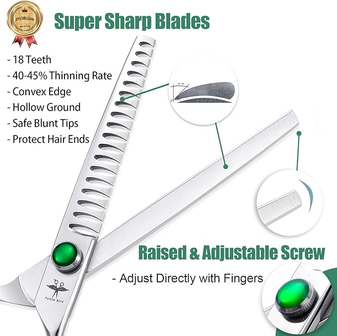 PURPLEBIRD 7 Inch Straight Dog Grooming Scissors Professional Pet Chunker Shears Safety Noiseless Blunt Tip Trimming Shearing for Dogs Cats Japanese Stainless Steel Silver