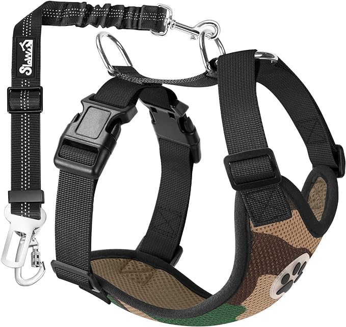 SlowTon Dog Seat Belt Harness for Car, Dog Car Harness Adjustable Mesh Breathable & Dog Seatbelt Safety Tether with Elastic Bungee for Small Medium Large Pets(Camouflage, Double Clip, L)