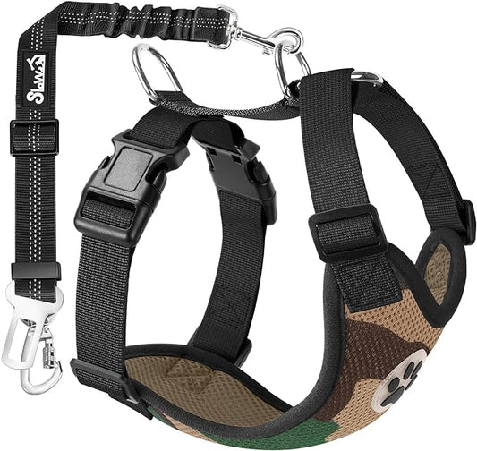 SlowTon Dog Seat Belt Harness for Car, Dog Car Harness Adjustable Mesh Breathable & Dog Seatbelt Safety Tether with Elastic Bungee for Small Medium Large Pets(Camouflage, Double Clip, L)