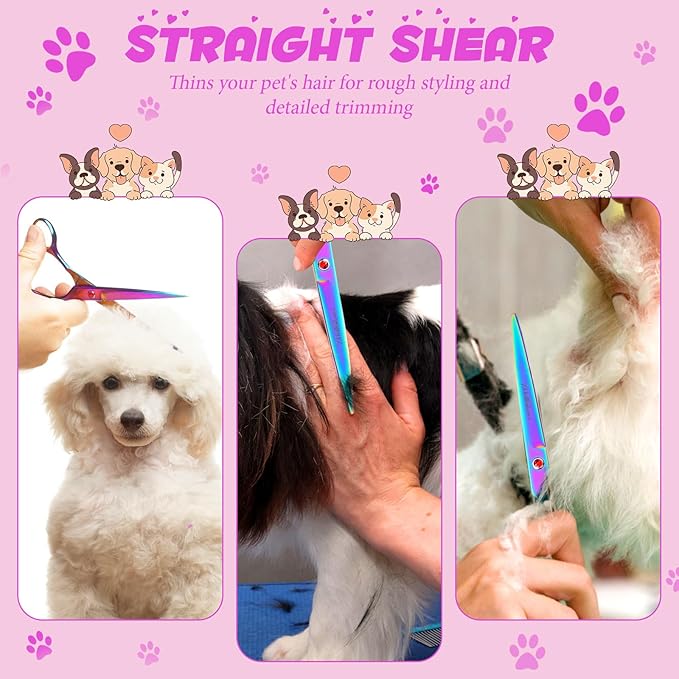 7 Inch Professional Pet Grooming Scissors Set, Curved Straight Dog Scissors, Thinning Shears, 8 in 1 Kit with Comb, Silver, Stainless Steel