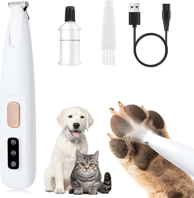 Saffory Paw Trimmer, Upgrade Multifunctional Pet Hair Clippers Waterproof Rechargeable Pet Shaver with LED Light, Pet Paw Trimmer for Paws Eyes Ears Face Rump (1PC), White