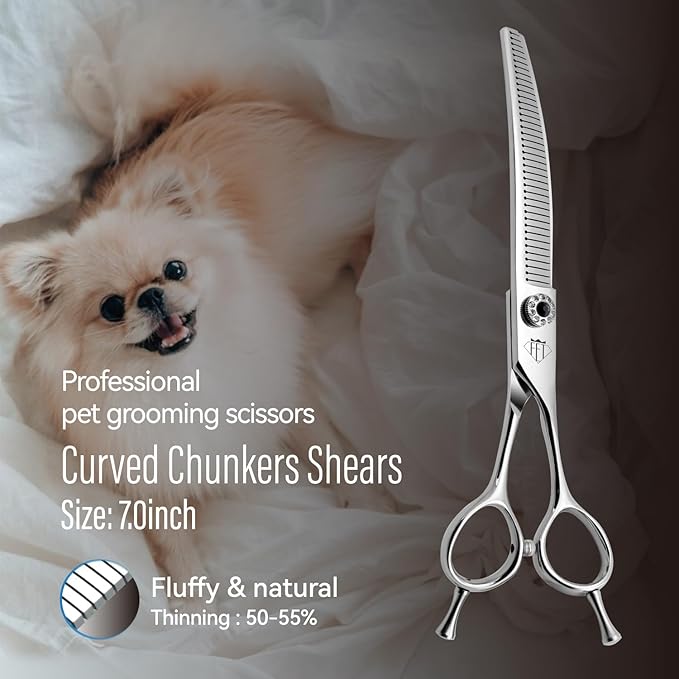 Dog Grooming Scissors: 7 inch Pet Curved Chunker Shears Made Of Japanese 440C Advanced Stainless Steel Professional Grooming Scissors for Dogs Cats and Other Pets