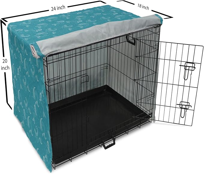 Lunarable Mermaid Tail Dog Crate Cover, Cartoon Design of Aquatic Girl Swimming Underwater Bubbles, Easy to Use Pet Kennel Cover for Cats & Medium Dogs, 24 Inch, Dark Turquoise Ivory