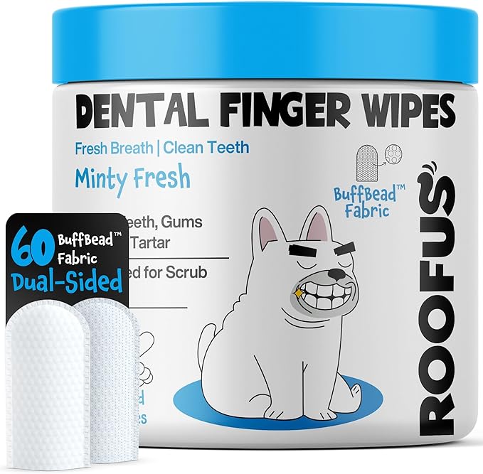Mint Dental Care Wipes 60 Counts - Dogs Tooth Cleaning Wipes to Reduce Plaque & Tartar Buildup - Dogs and Cats Wipes for Cleaner Mouth - Dog Tooth Brushing Kit