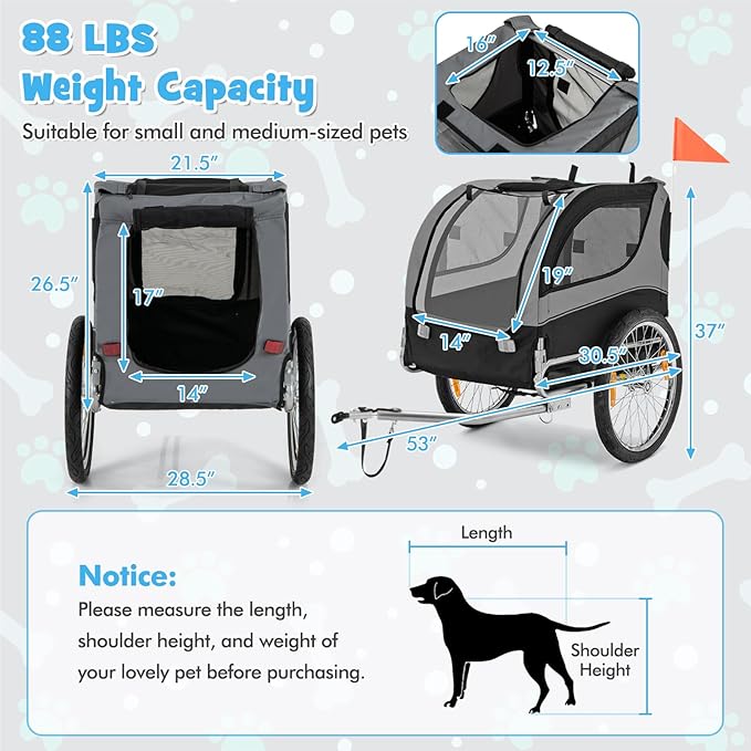 PETSITE Dog Bike Trailer, Dog Cart for Bicycle with 3 Breathable Mesh Entrances, Safety Flage, Easy Folding Pet Carrier with Quick Release Wheels, Pet Bike Trailer for Small & Medium Sized Dogs