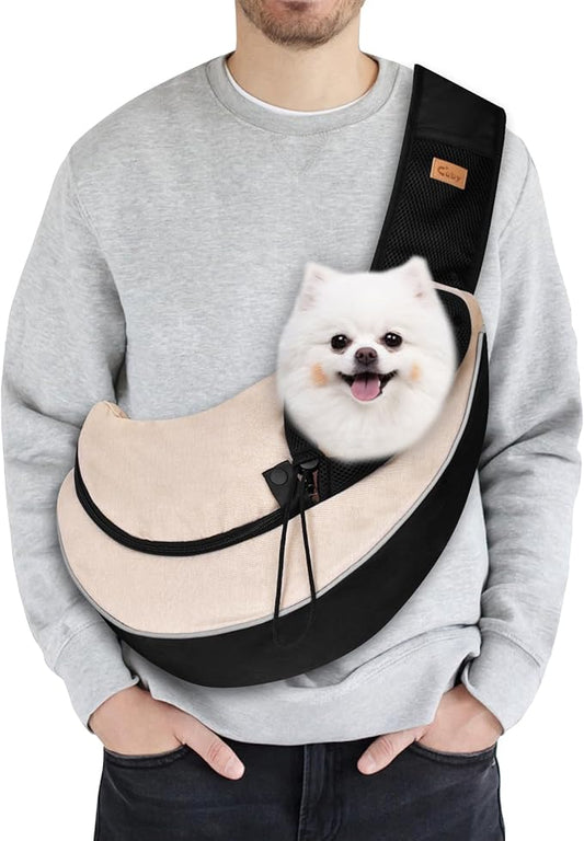 Cuby Pet Sling Carrier for Small Dogs Cats,Drawstring & Zipper Security Hook Triple Designs for Pets' Securty Dog Bag,Breathable Travel Pet Puppy Sling Carrier with Adjustable Strap(Beige,S (3-5 lbs))
