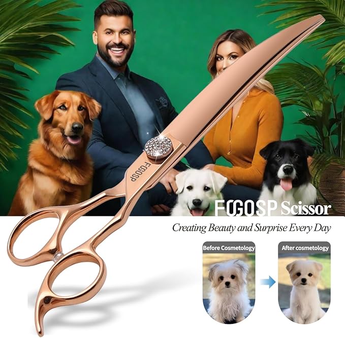 Rose Gold Titanium Curved Dog Grooming Scissors 8'' Downward 30° with Jewelled Screw Japan 440C Professional Pet Grooming Trimming Shears for Large Dogs Poodle(8,Curved)