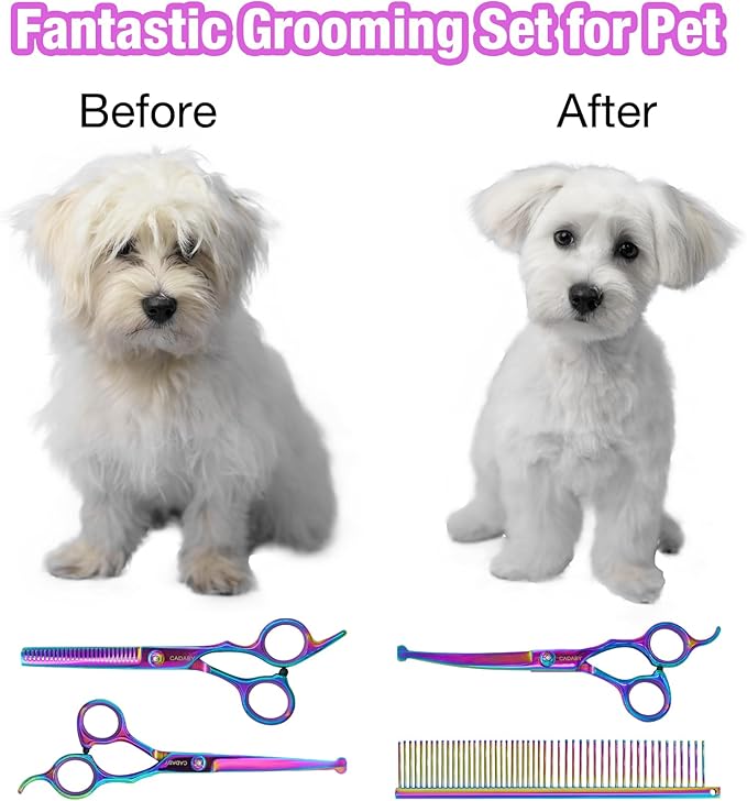 Professional Dog Grooming Scissors with Safety Round Tips, 5 in 1 Dog Grooming Scissors Set, 4CR Stainless Steel Pet Grooming Shears for Dog, Cat,Sharp and Sturdy, Rainbow
