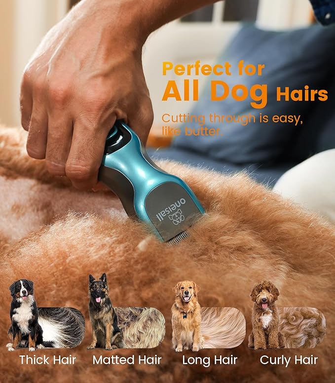 Oneisall Dog Clippers for Grooming - 2-Speed Super Power, 50dB Quiet Rechargeable Cordless Trimmer With Detachable Stainless Steel Blade for Small & Large Dogs With Thick Coats