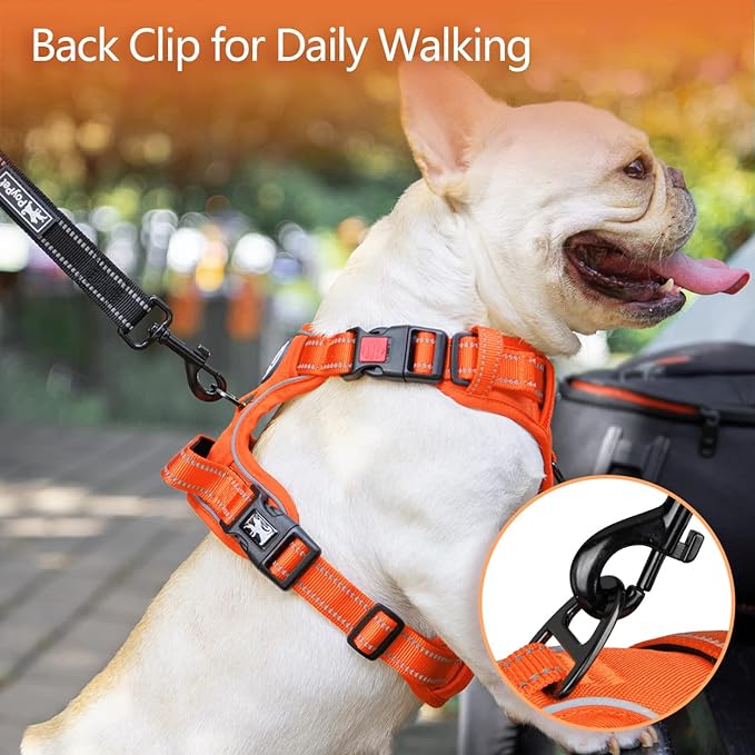 PoyPet No Pull Dog Harness, No Choke Reflective Dog Vest, Adjustable Pet Harnesses with Easy Control Padded Handle for Small Medium Large Dogs(Orange Matching Trim,S)