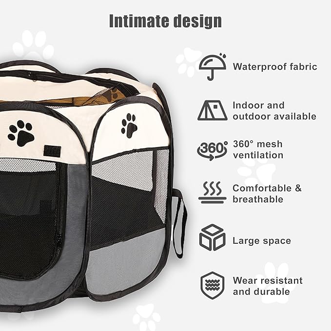 Portable Dog Playpen, Pet Play Pen for Indoor Outdoor Cat, Adult Kitten/Puppy Exercise Playpen Tent Birthing Box, Waterproof Travel Dog Camping Cage for Medium Large Dog Animal House (Grey)
