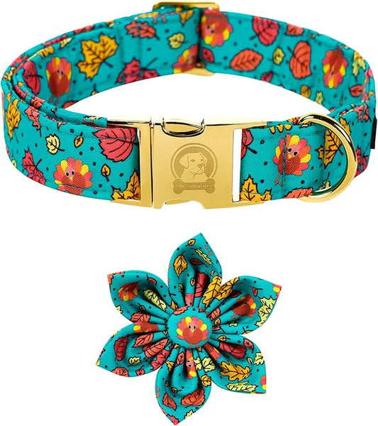 MR. CHUBBYFACE Thanksgiving Dog Collar Fall Maple and Turkey Flower Dog Collar Adjustable Dog Collar with Flower for Small Medium Large Dogs