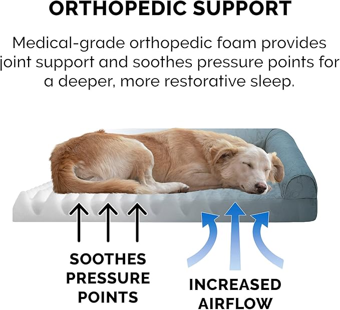Furhaven Orthopedic Dog Bed for Medium/Small Dogs w/ Removable Bolsters & Washable Cover, For Dogs Up to 35 lbs - Pinsonic Quilted Paw L Shaped Chaise - Bluestone, Medium